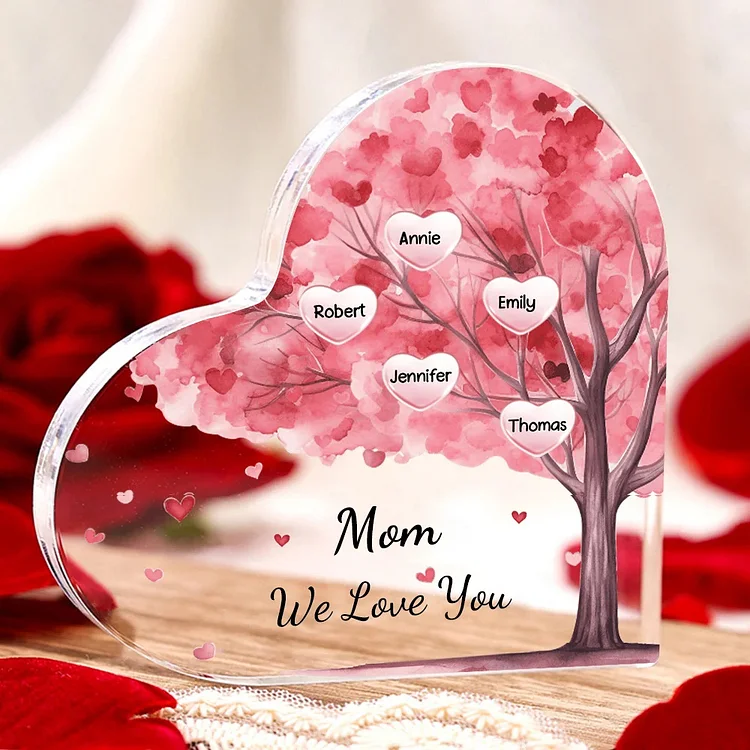 5 Names - Personalized Acrylic Heart Keepsake Custom Text Pink Tree Ornaments Gifts for Grandma/Mother