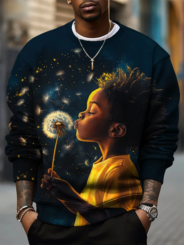Men's Black Boy And Dandelion Beautiful Childhood Art Print Casual Sweatshirt