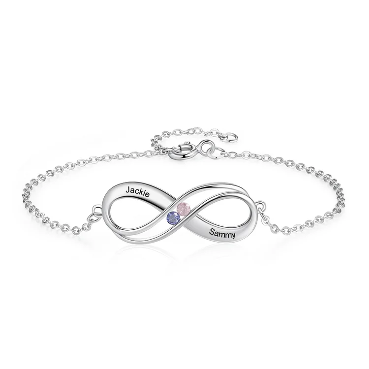 Personalized Infinity Bracelet with 2 Birthstones Engraved Names