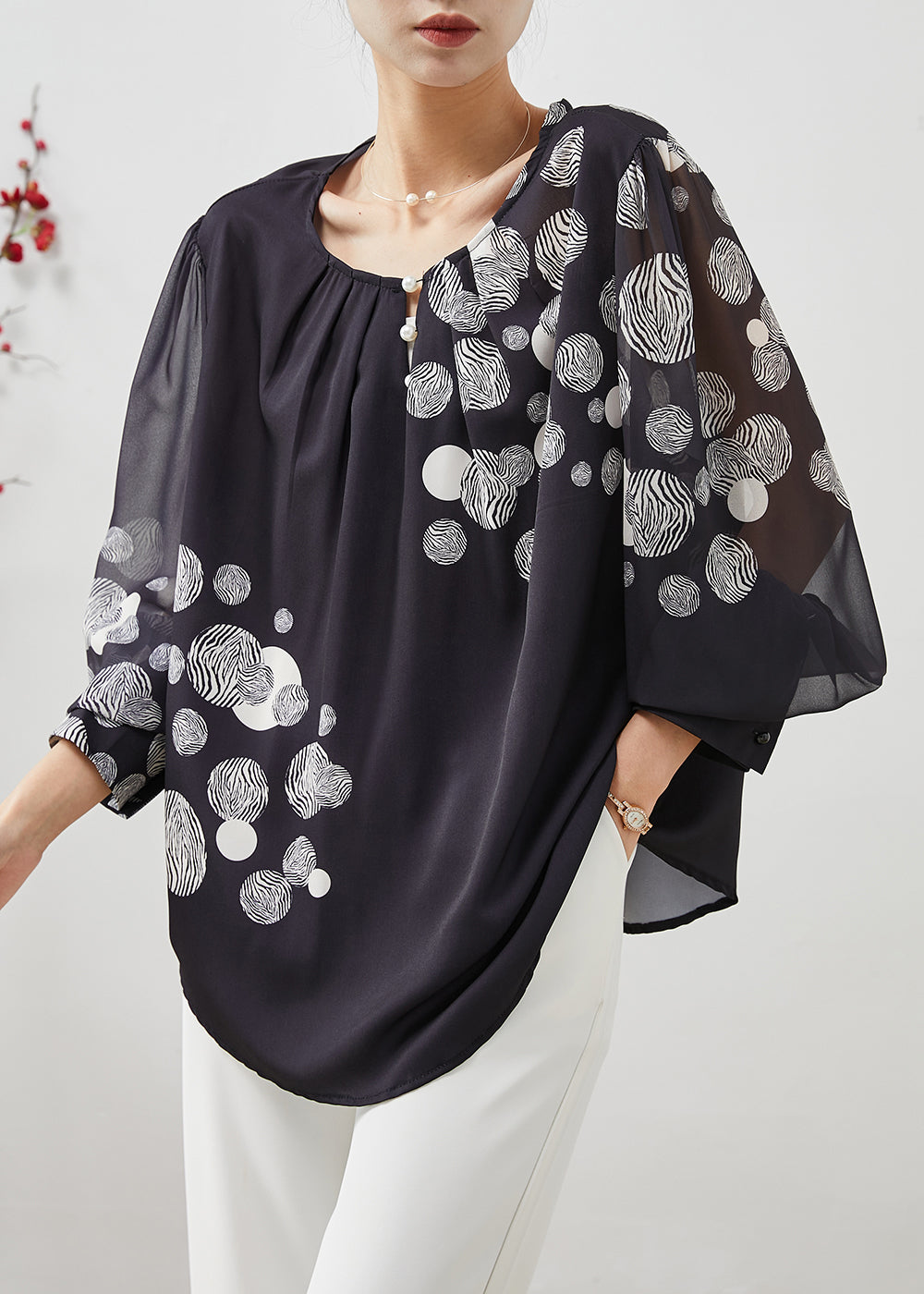 French White O-Neck Embroidered Hollow Out Top Lantern Sleeve