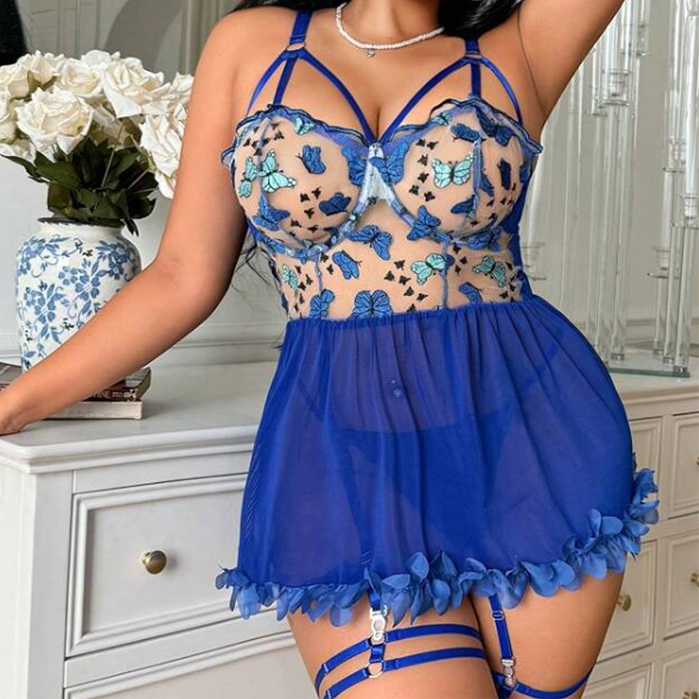 Lovingerie - Plus Size Butterfly Embroidered Lace Sheer Dress