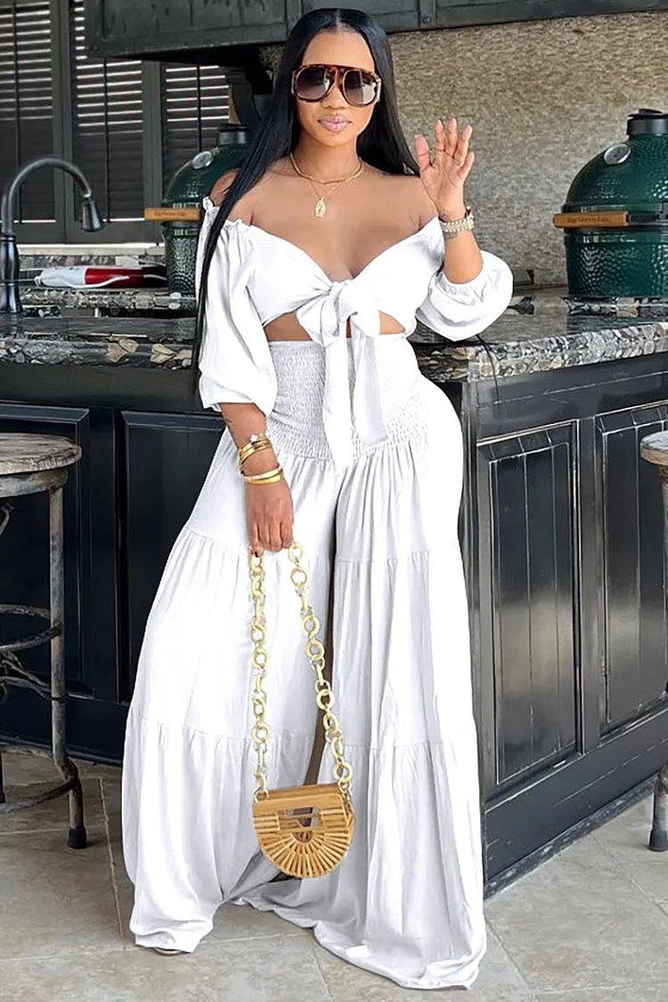 Off Shoulder 3/4 Lantern Sleeve Tie Up Crop Top Pleated Wide Flared Leg Vacation Pants Two-Piece Set