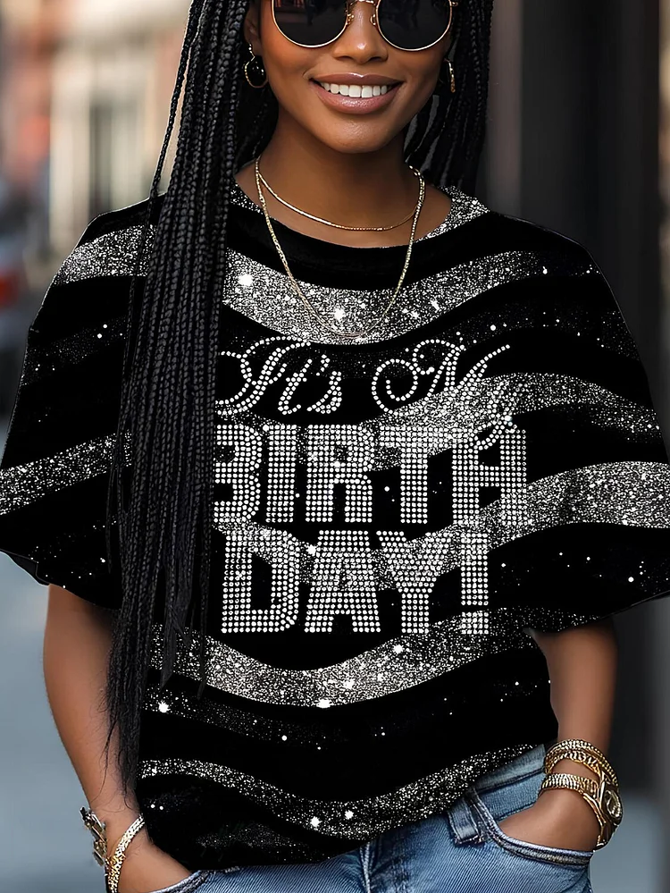 Women's Fashion Retro Rhinestone It's My Birthday Print Casual T-Shirt
