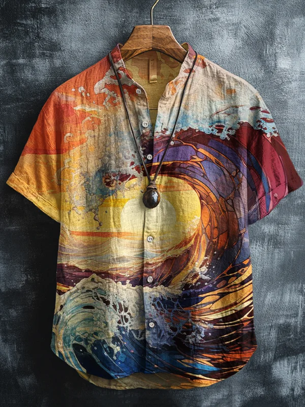 Men's Great Wave Sunrise Sunset Scenery Art Print Short Sleeve Shirt