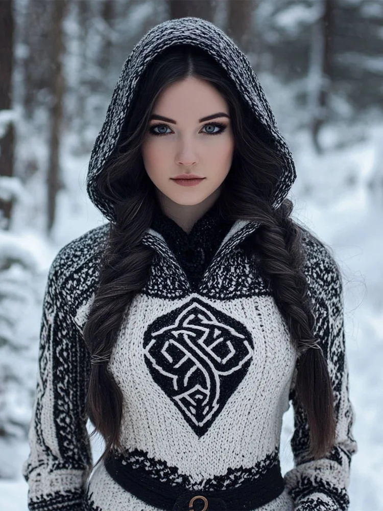 Women's Vintage Jacquard Comfort Knit Hooded Sweater