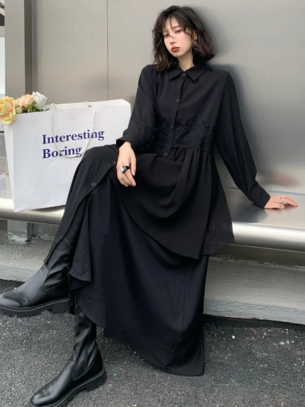Urban Long Sleeves Buttoned Tiered Embroidered Split-Joint Lapel Midi Dresses