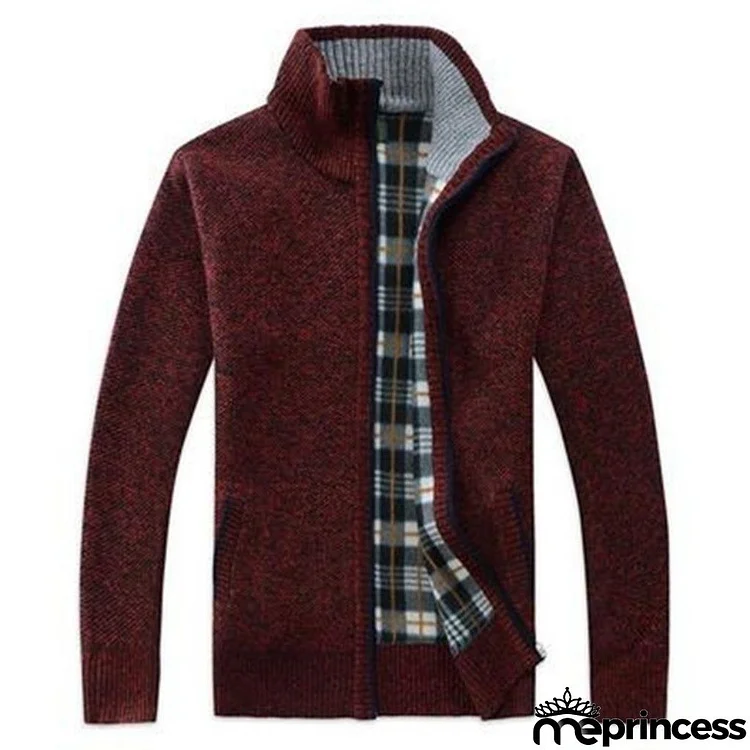 Men Casual Stand Collar Thickened Thermal Zip Knit Sweater Jacket