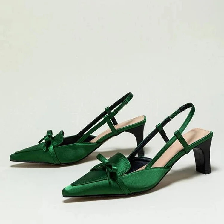 Green Satin Pointed Toe Bow Embellished Slingback Loafer Heels |FSJ Shoes