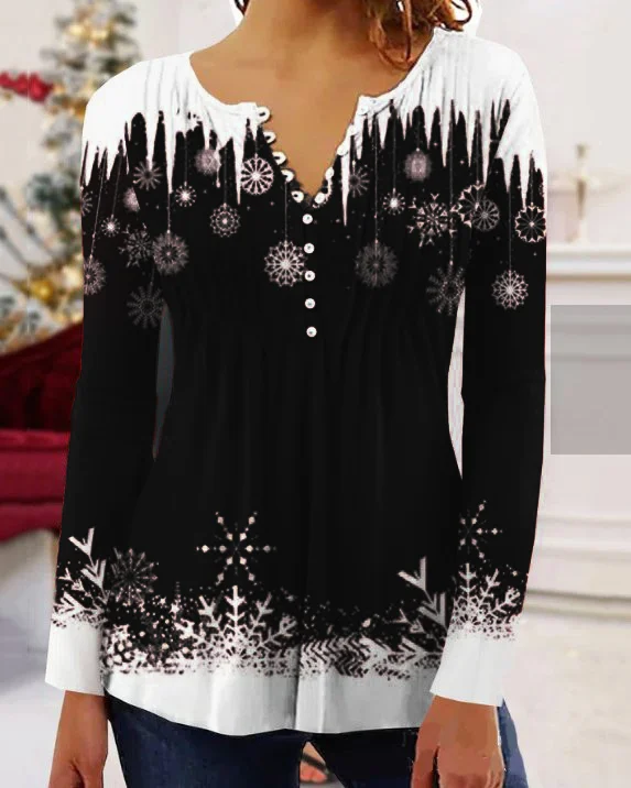 Christmas Print Ruched Button Casual Long Sleeve Plus Size Top