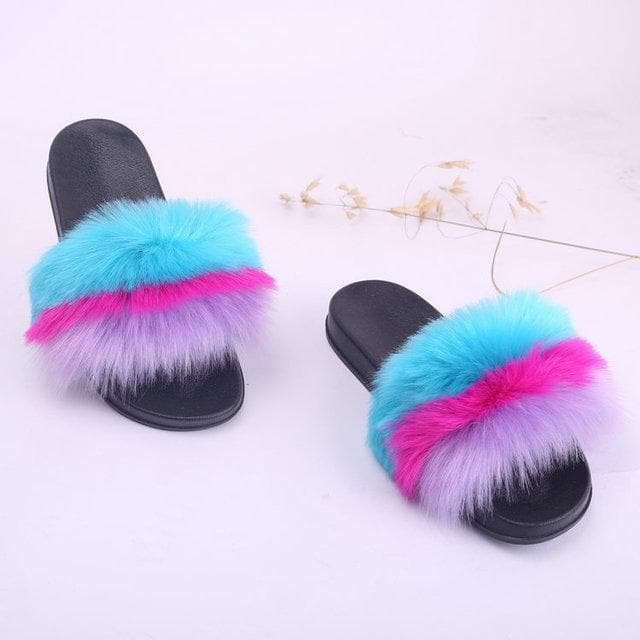 Faux Fake Big PVC Blue Pink Purple Fur Slides SP153