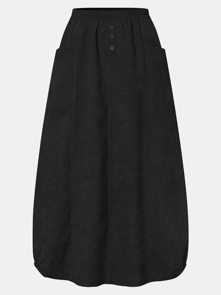 Corduroy Solid Color Elastic Waist Pocket Casual Skirt For Women
