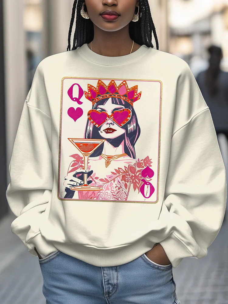 Women's Champagne Poker Queen Art Print Casual Sweatshirt