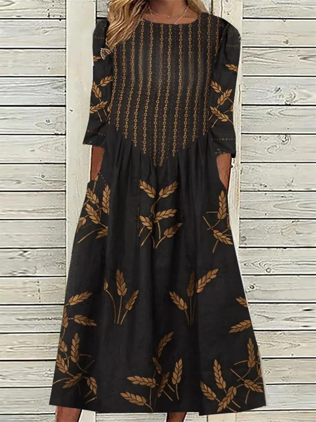 Women's Black 3/4 Sleeve Scoop Neck Graphic Pockets Midi Dress