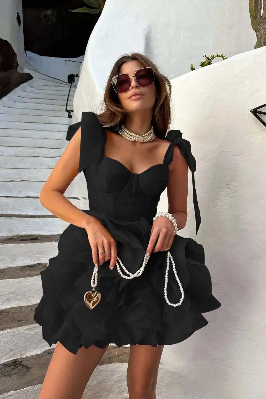 Lussooy Chic Pink Wide Shoulder Straps Sleeveless Short Prom Dress with Ruffles