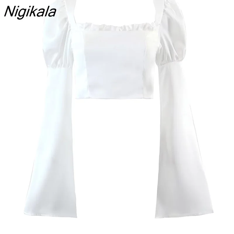 Nigikala Sexy Women Fashion Slits Flare Sleeve Blouse Elegant Square Neck Female Summer Crop Top