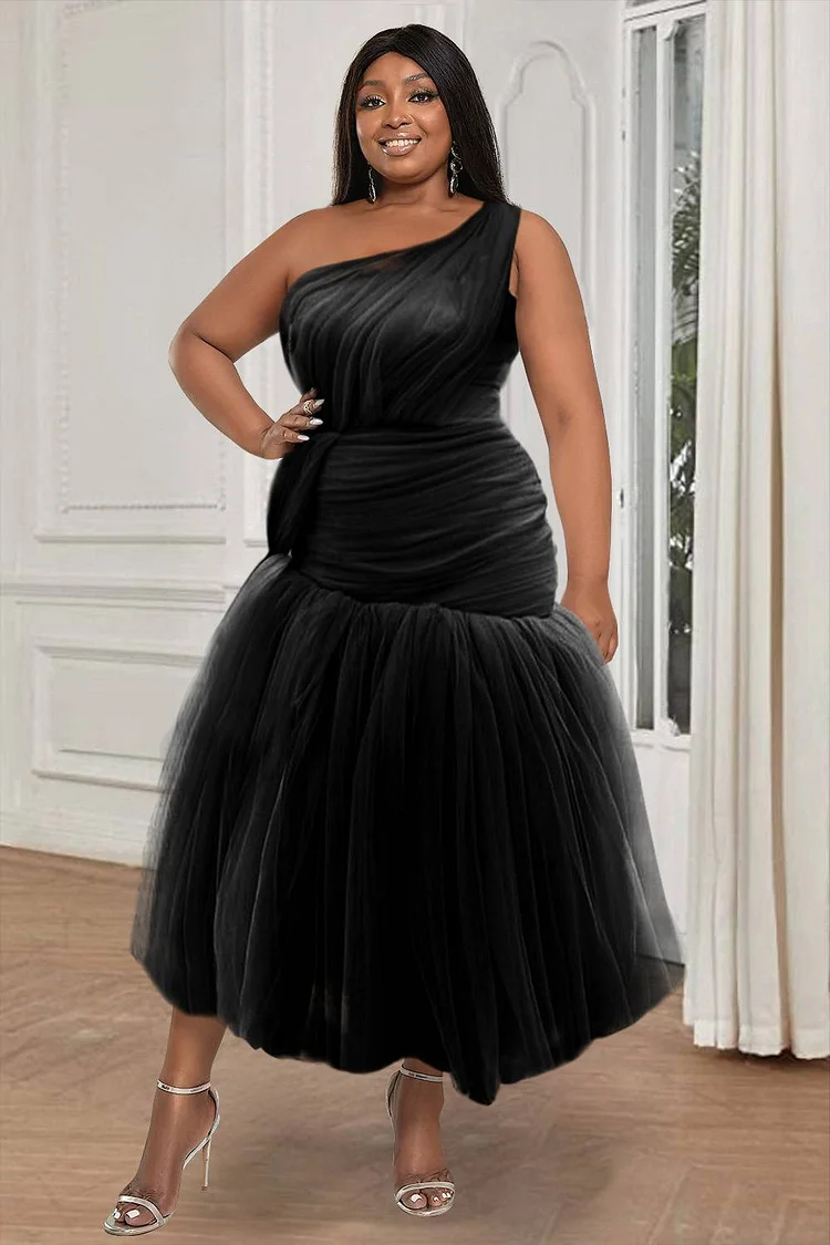 Plus Size Black Evening Skew Neck Tulle Patchwork Sleeveless Maxi Dresses