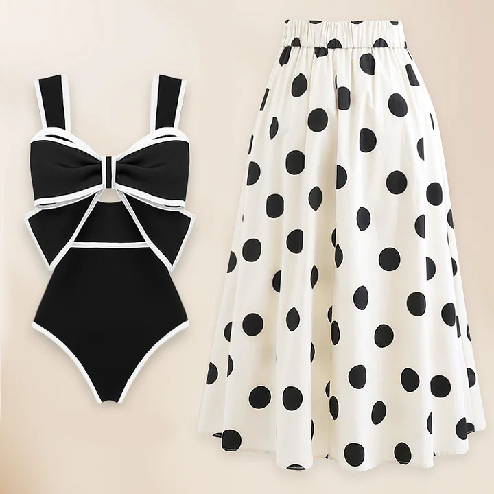 Black and White Bow Decor One Piece Swimsuit and Skirt Flaxmaker 