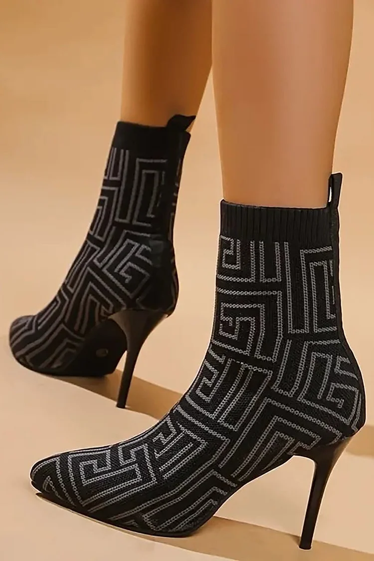 Pattern Knit Pointy Toe Mid Top Stiletto Ankle Boots -Black
