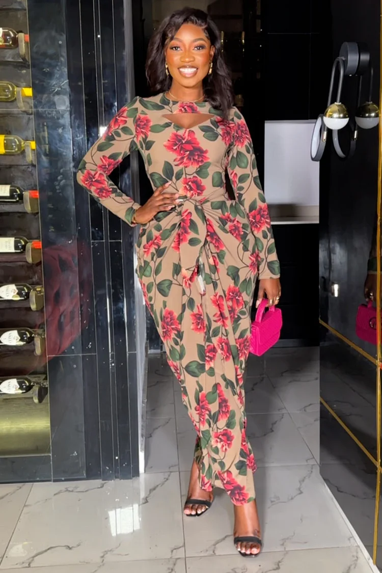 Floral Print Cutout Long Sleeve Knot Elegant Maxi Dresses