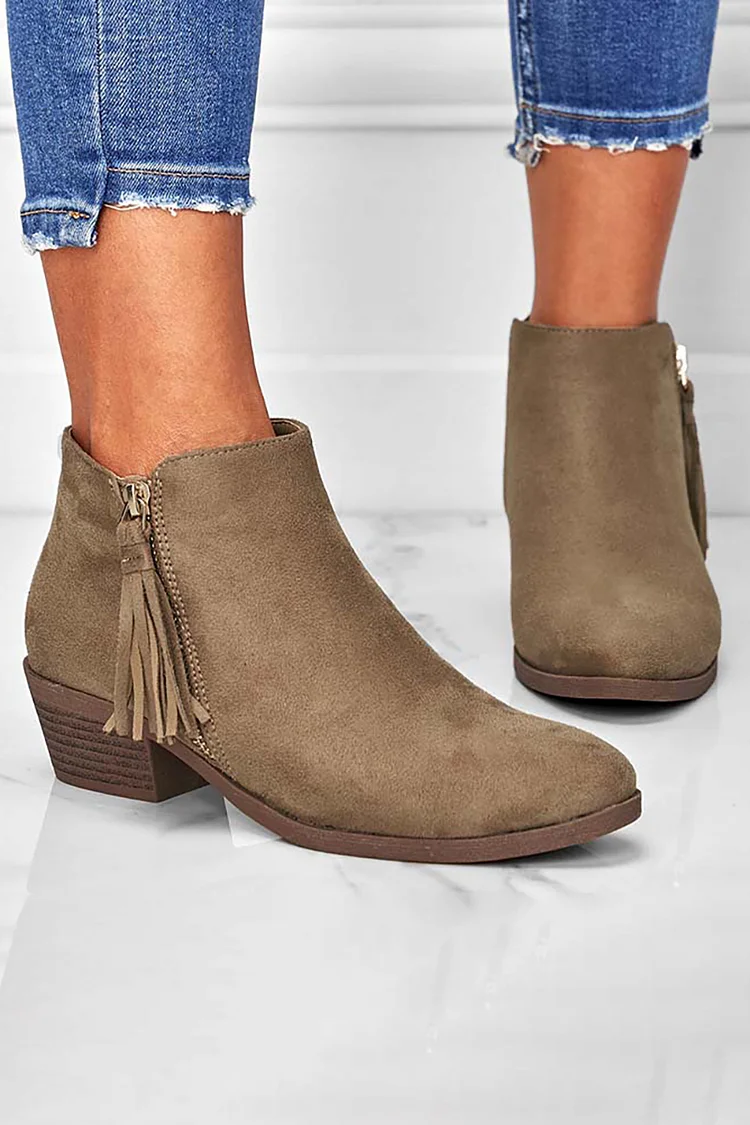Tassels Trim Zipper Chunky Heels Ankle Boots