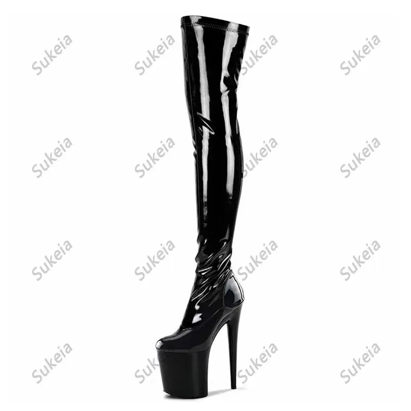VCSHOES Women Stretch Thigh Boots Waterproof Stiletto Heels Round Toe Black Dress Shoes Ladies US Size 6-12