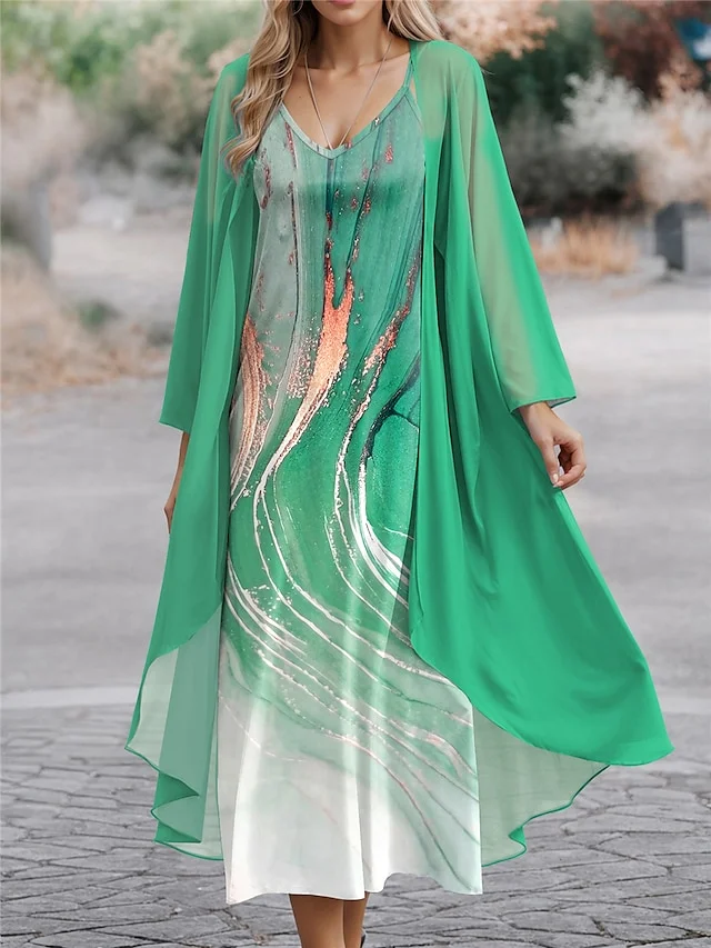Women's V-Neck Geometric Marble Print Two-Piece Dress socialshop