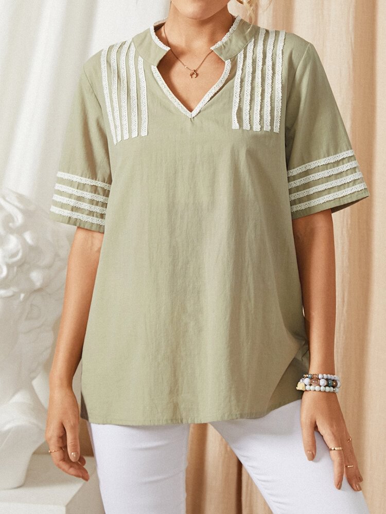 Crochet Lace Stripe V neck Short Sleeve Casual T Shirt For Women P1826004