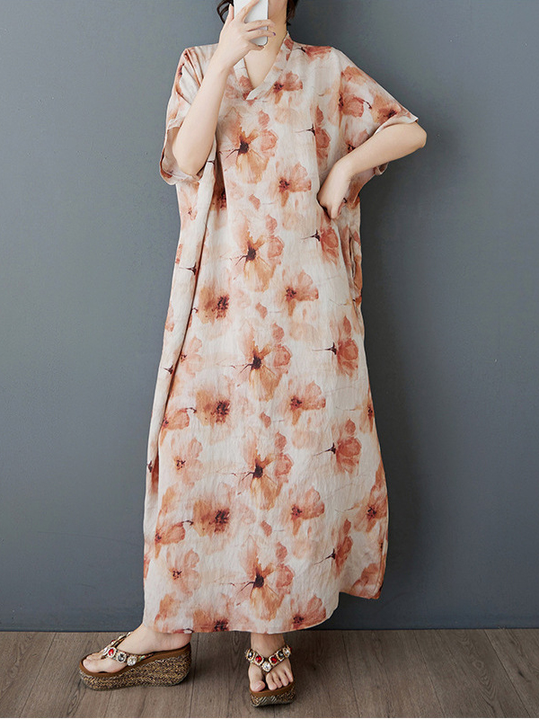 Floral Print Short Sleeve Linen Maxi Dress
