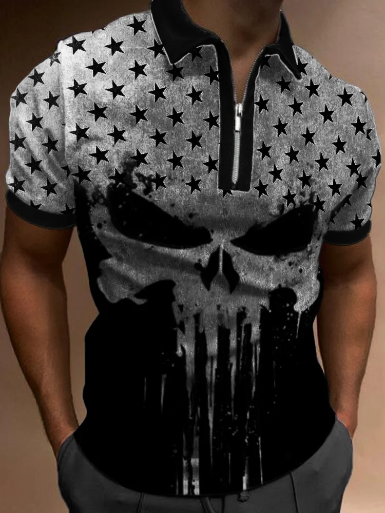 Broswear Men's Distressed Stars Skull Graffiti Contrast Polo Shirt