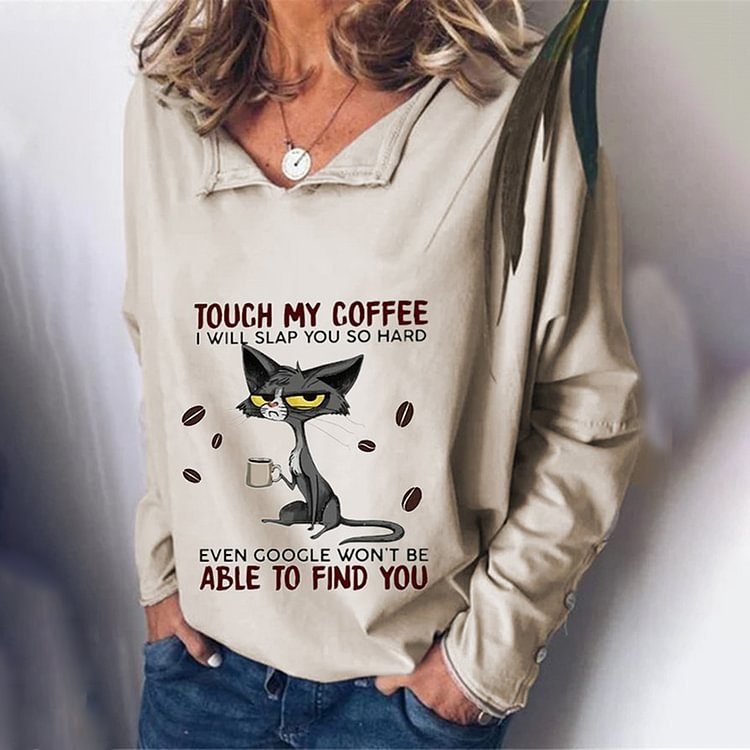 Vefave Fashion Long Sleeve Letter Cat Printed T-Shirt