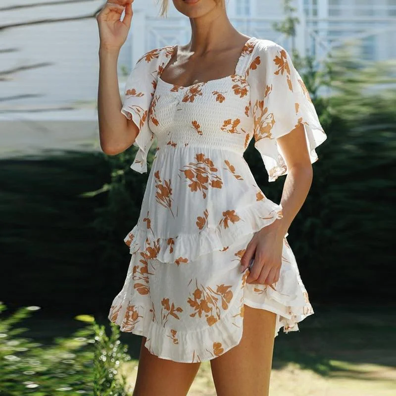 Summer A Line Floral Print Dress 2023 Boho Women Ruffle Flare Sleeve Sundress Female Square Collar Stretch Holiday Party Dress