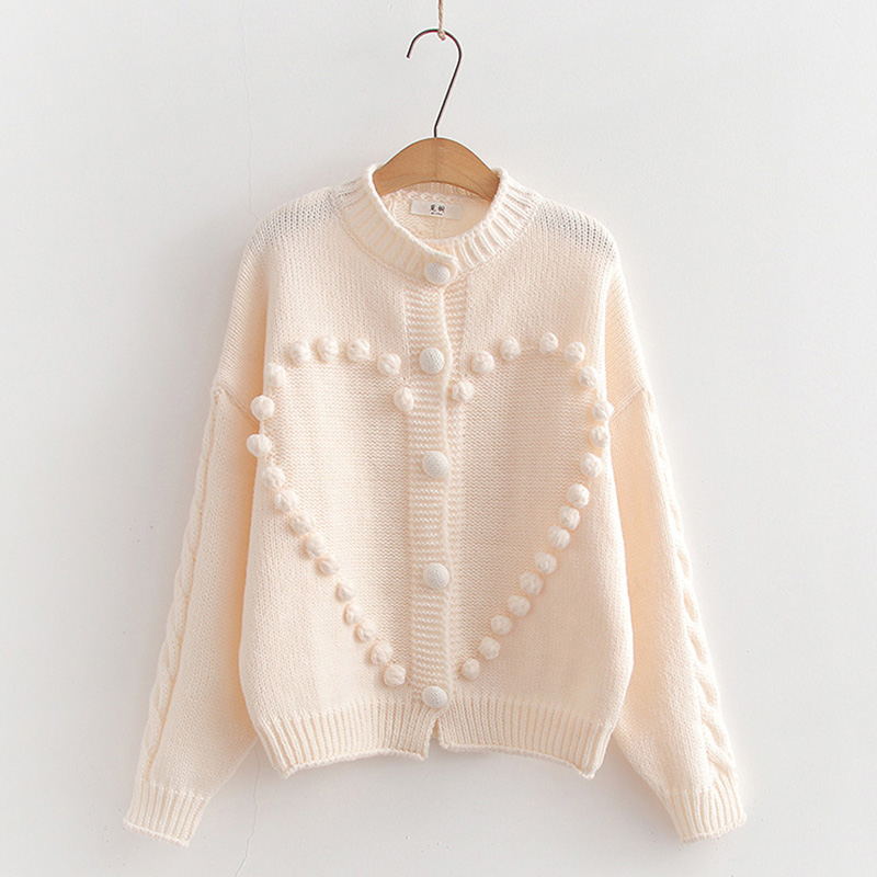 3D Love Heart Decor Pure Color Knit Cardigan Sweater