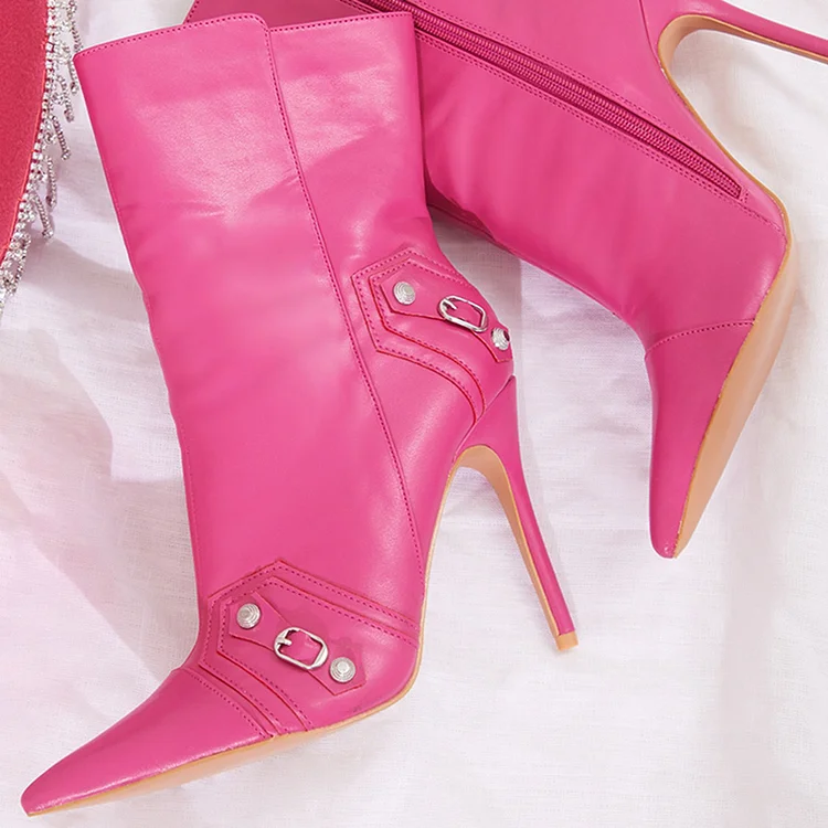 Pink Pointed Toe Ankle Boots Stiletto Heel Buckle Decor Booties |FSJ Shoes