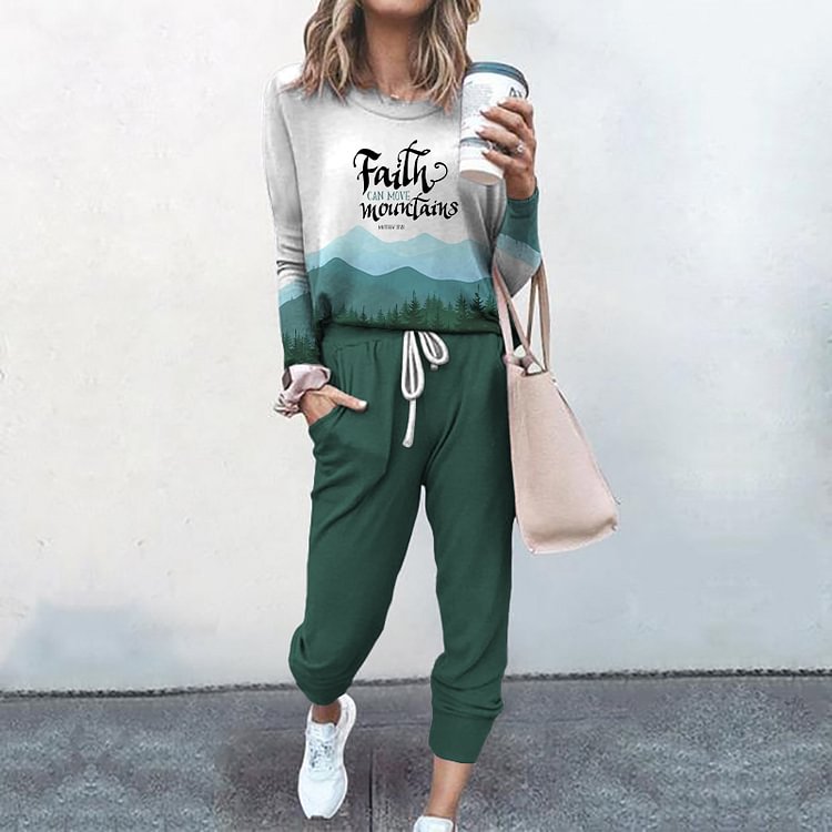 Comstylish Faith Can Move Mountains Print Sweatshirt Two Piece Set