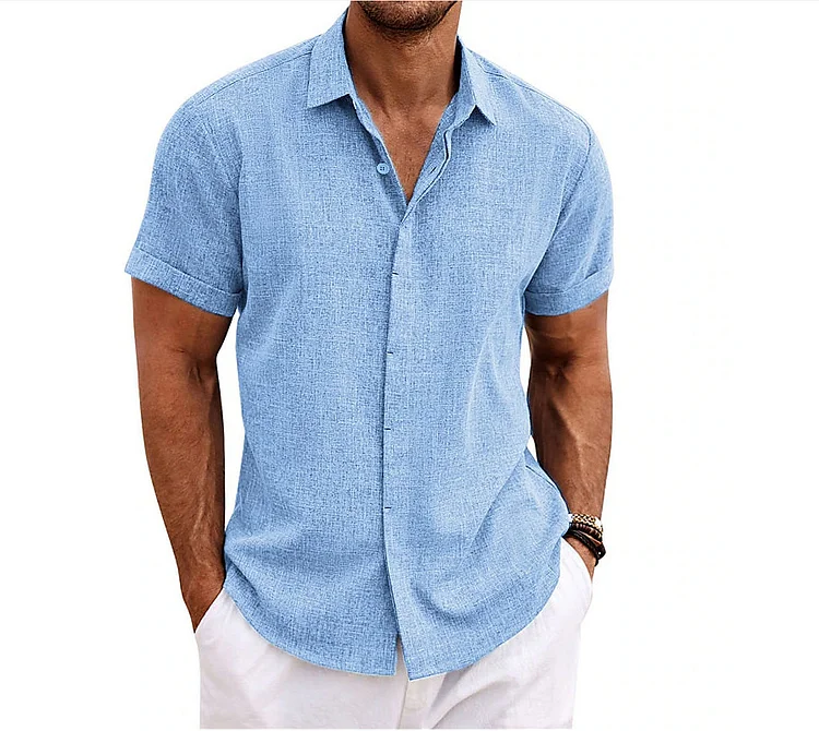 Men's Double Placket Cotton and Linen Cardigan Short Sleeve High Quality Shirt socialshop