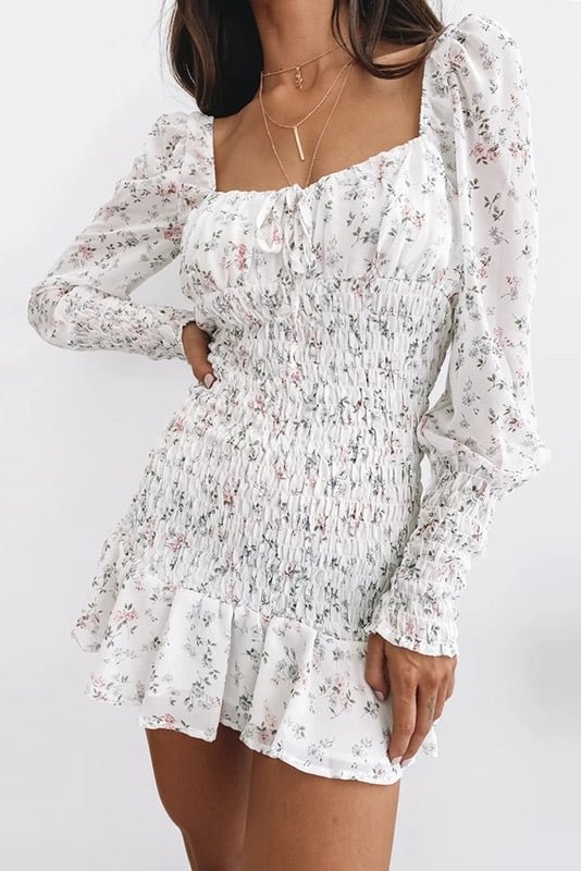 Square Neck Floral Smocked Ruffled Chiffon Dress - BlackFridayBuys