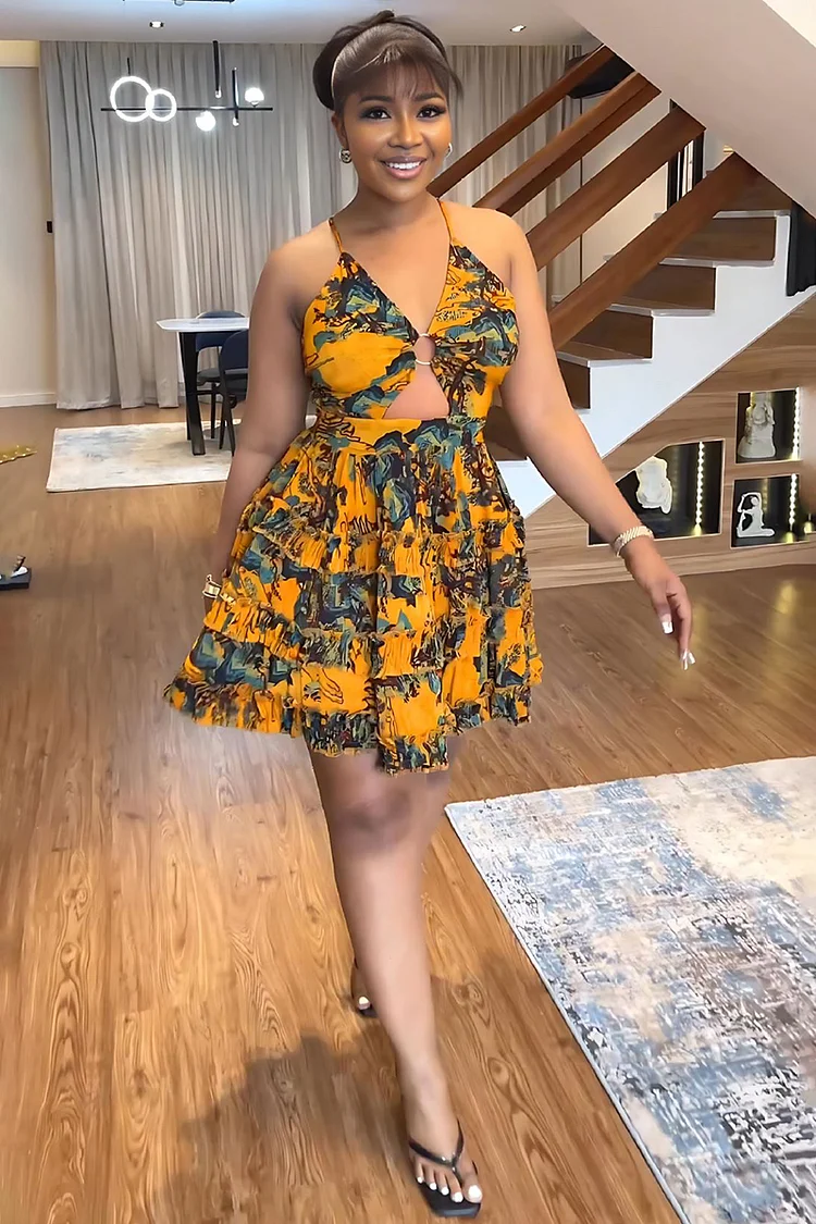 Jungle Print Cut Out Deep V Neck Backless A-Line Tiered Ruffled Vacation Mini Dresses