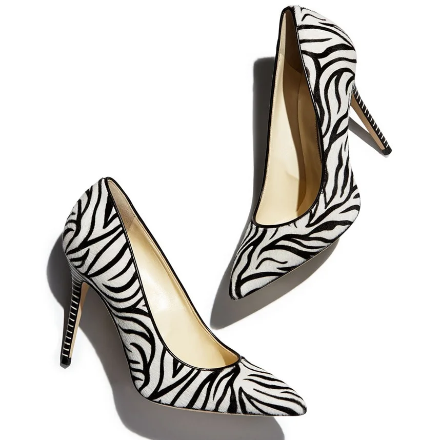 Black and White Zebra Print Pointed Toe Stiletto Heel Pumps Nicepairs