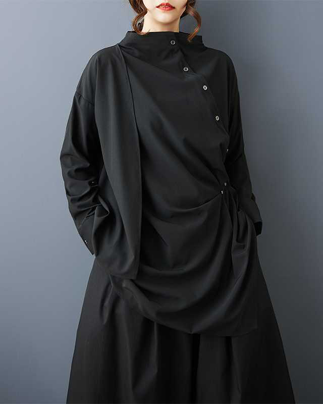 Asymmetric Button High Stand Up Collar Long Sleeve Shirt