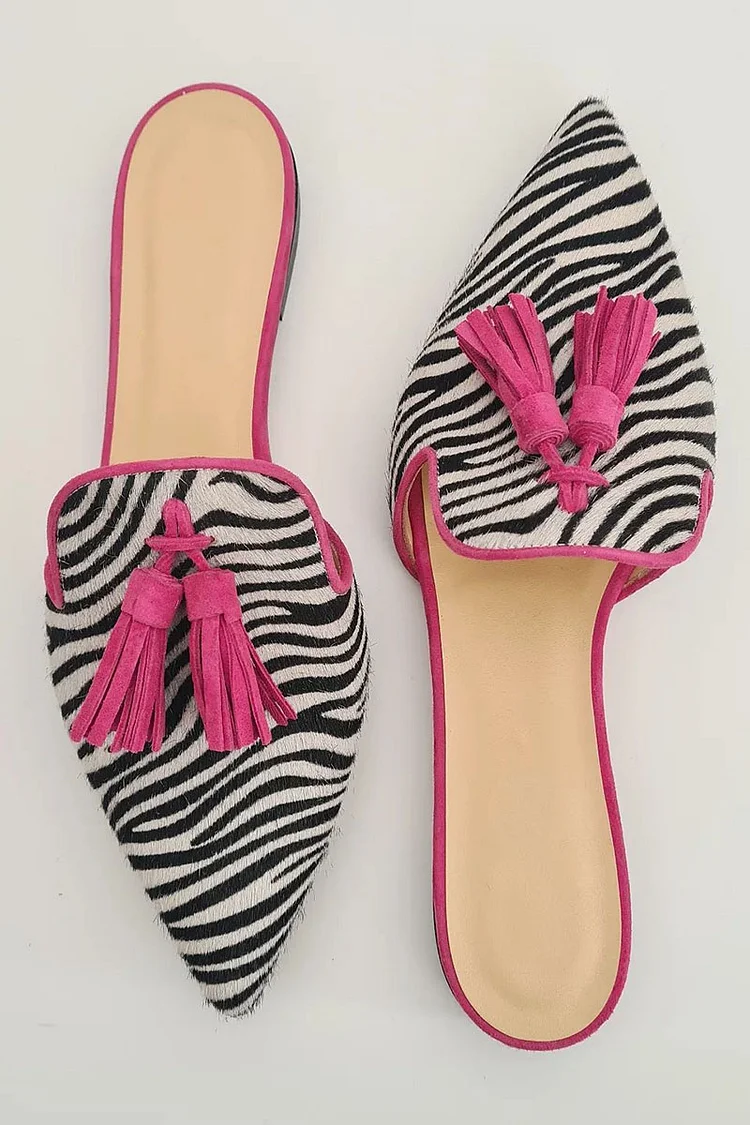 Zebra Stripe Print Tassel Pointy Toe Casual Flat Mules