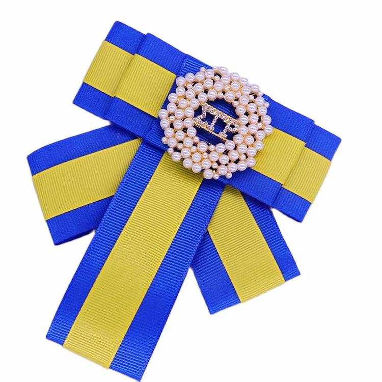 Handmade Two Layers Solid Blue Yellow Ribbon Bow Tie Greek Social Diamond Letters Sigma Gamma Rho Ties Pin For Shirt