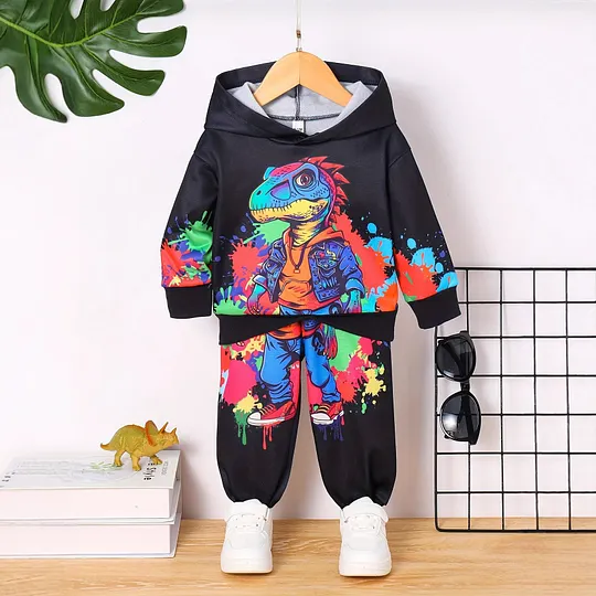 【6M-3Y】Boys Fleece Hooded Cartoon Dinosaur Print Long-Sleeve Top And Pants Set
