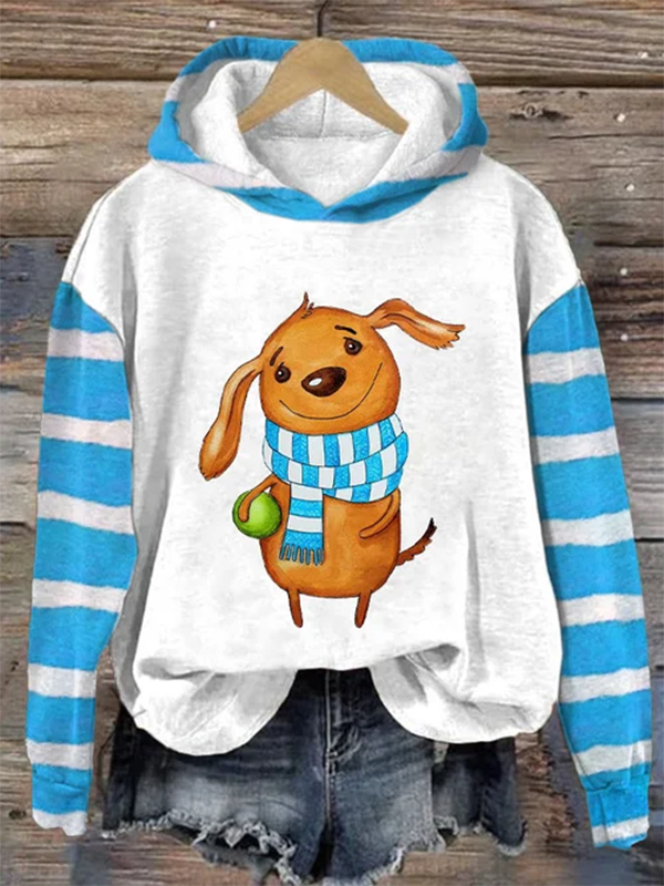 Women's Cute Dog With Scarf Print Striped Long Sleeve Hoodie