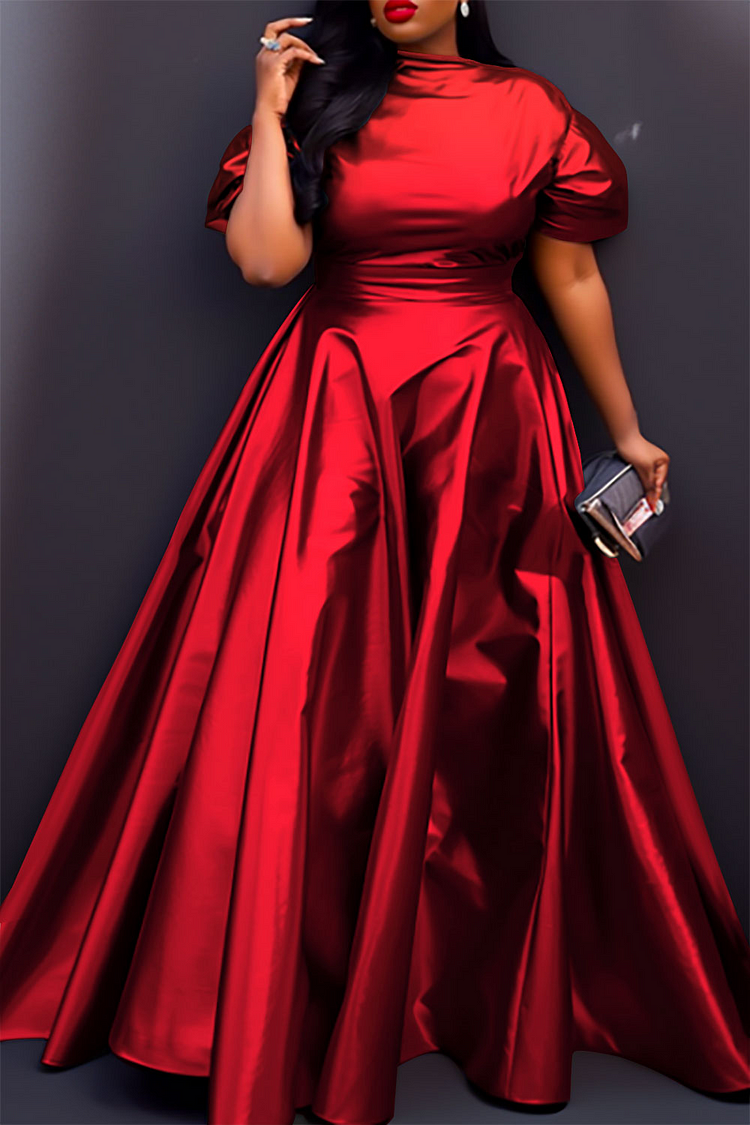 Xpluswear Design Plus Size Semi Formal Maxi Dresses Elegant Red   Short Sleeve Satin Maxi Dresses