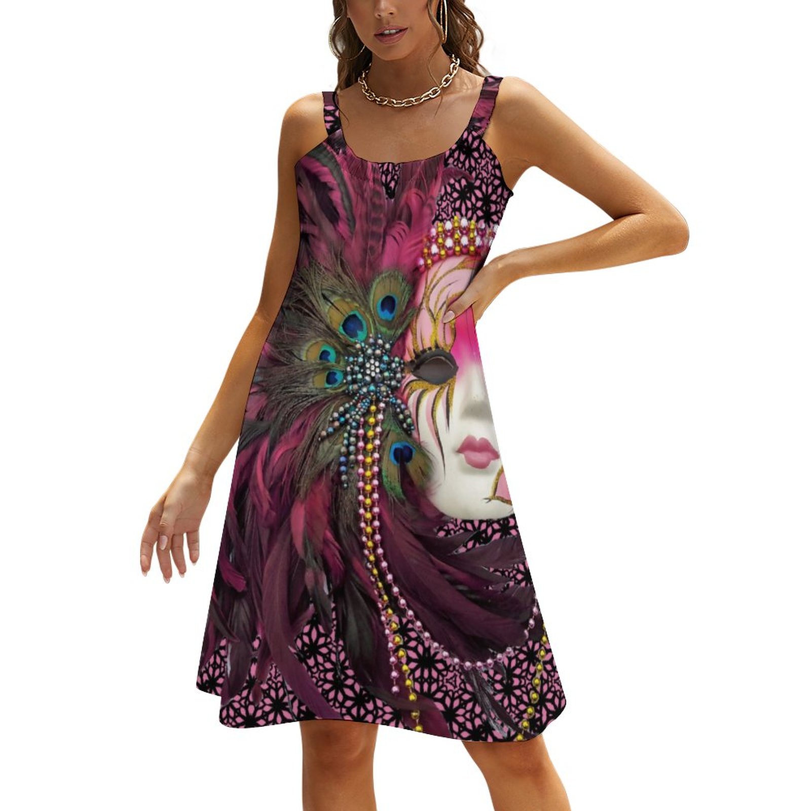 Beautiful Beads Feathers Mardi Gras Mask Summer Hawaiian Beach Retro Dresses Casual Sling Sleeveless Printed Knee Length Dress Mardi Gras-3XL