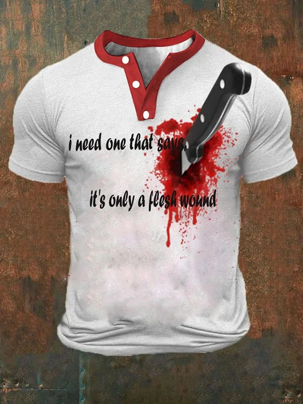 Men's Halloween It's Only A Flesh Wound Bloody Knife Print Henley Tees