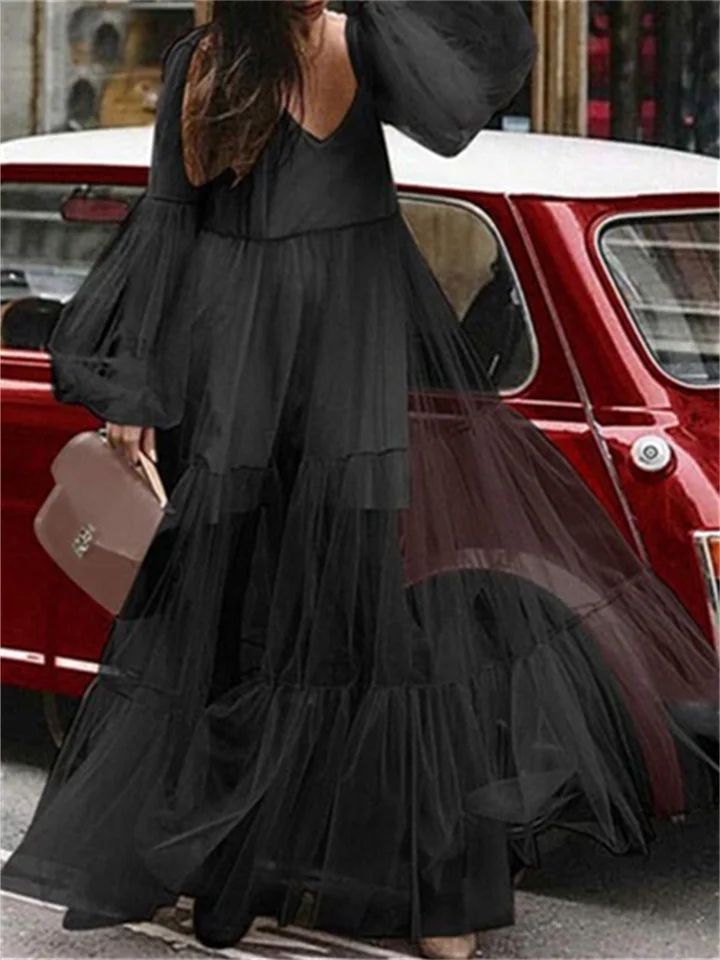 Summer New Women's V-neck High Waist Fashion Bubble Sleeve Mesh See-through Dress Elegant Wind Swing Type Long Dress