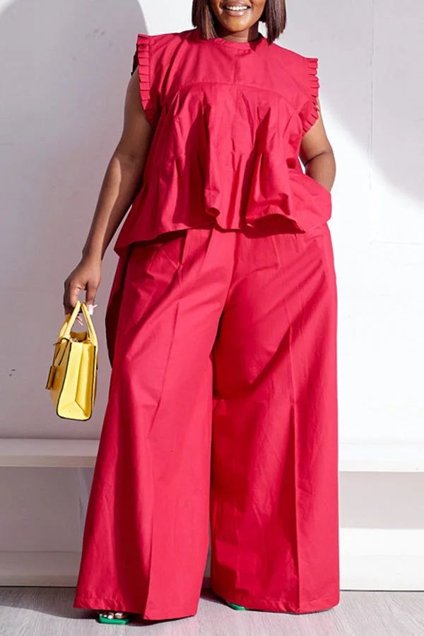 Casual Sleeveless Ruching Solid Color Asymmetric Top Wide-Leg Pant Suits