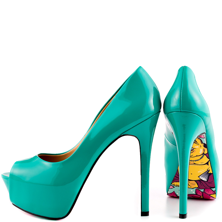 Teal Shoes Peep Toe Heels Patent Leather Stiletto Heel Pumps |FSJ Shoes