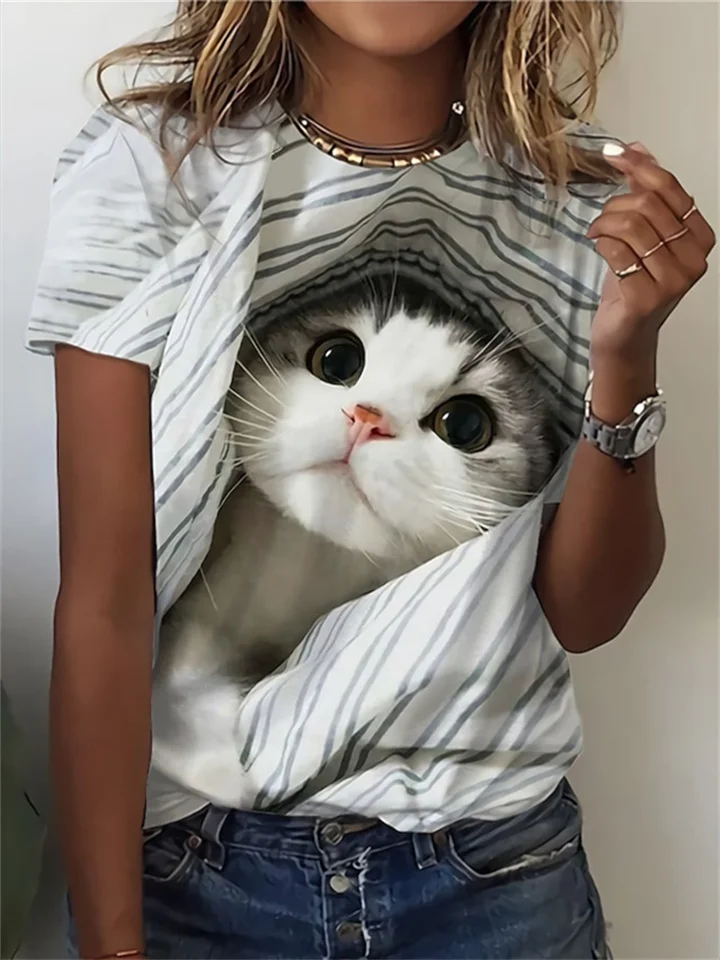 Summer Women's T-shirt Pattern Cat 3D Print Women's Tops Round Neck Regular Section-JRSEE